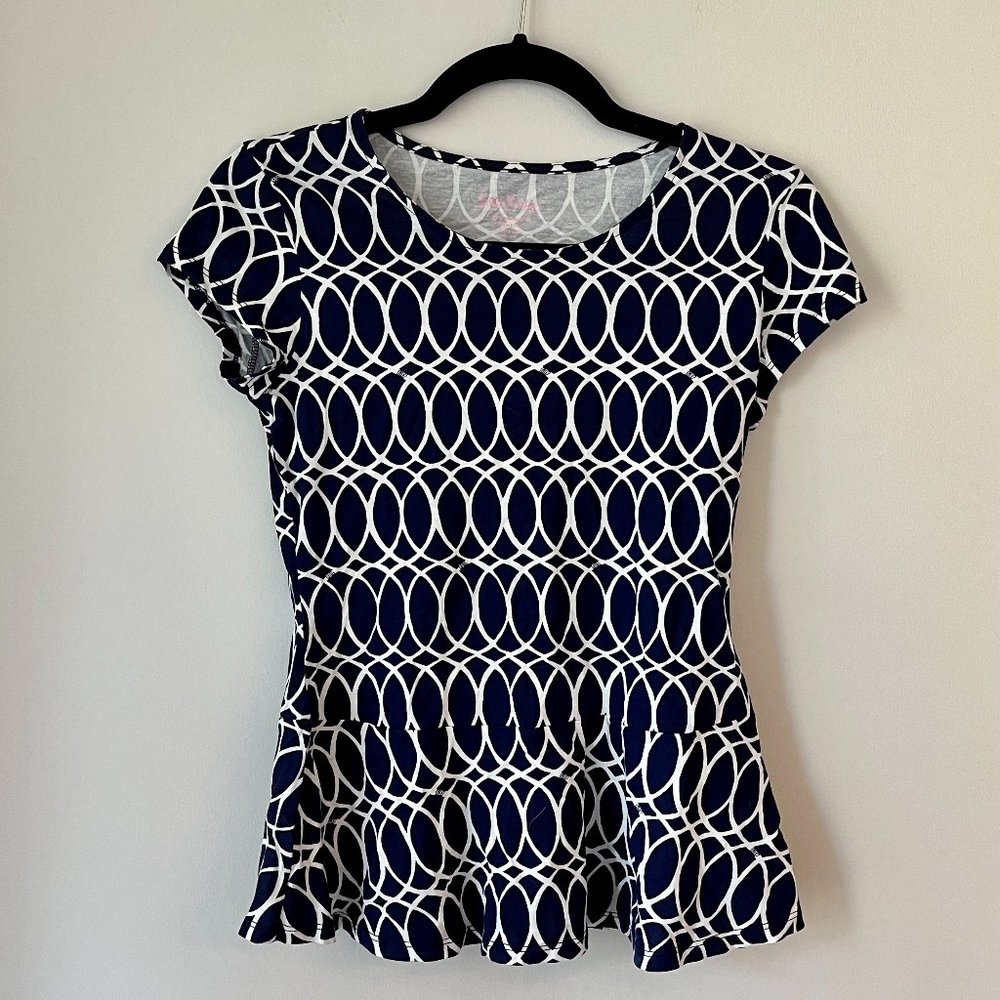 Lilly Pulitzer Peplum Top in Tickle The Ivories Navy Blue and White Peplum XS